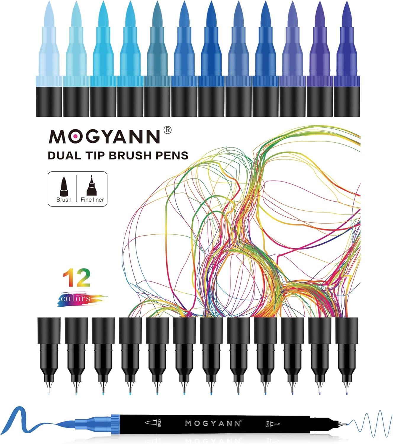 Mogyann Blue Markers, 12 Pack Dual Brush Pens Drawing Markers for Art Sketching Mogyann Blue Markers, 12 Pack Dual Brush Pens Drawing Markers for Art Sketching
