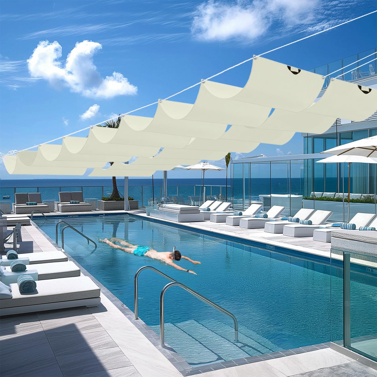 Toldo Retráctil 1.6 x 6 m Impermeable, 98% Rayos UV Resistente Al Desgarro, Toldo de Tela Sombra, Terraza Vela Sombras, con Ojales y Cuerdas para Balcon, Patio, Blanquecino