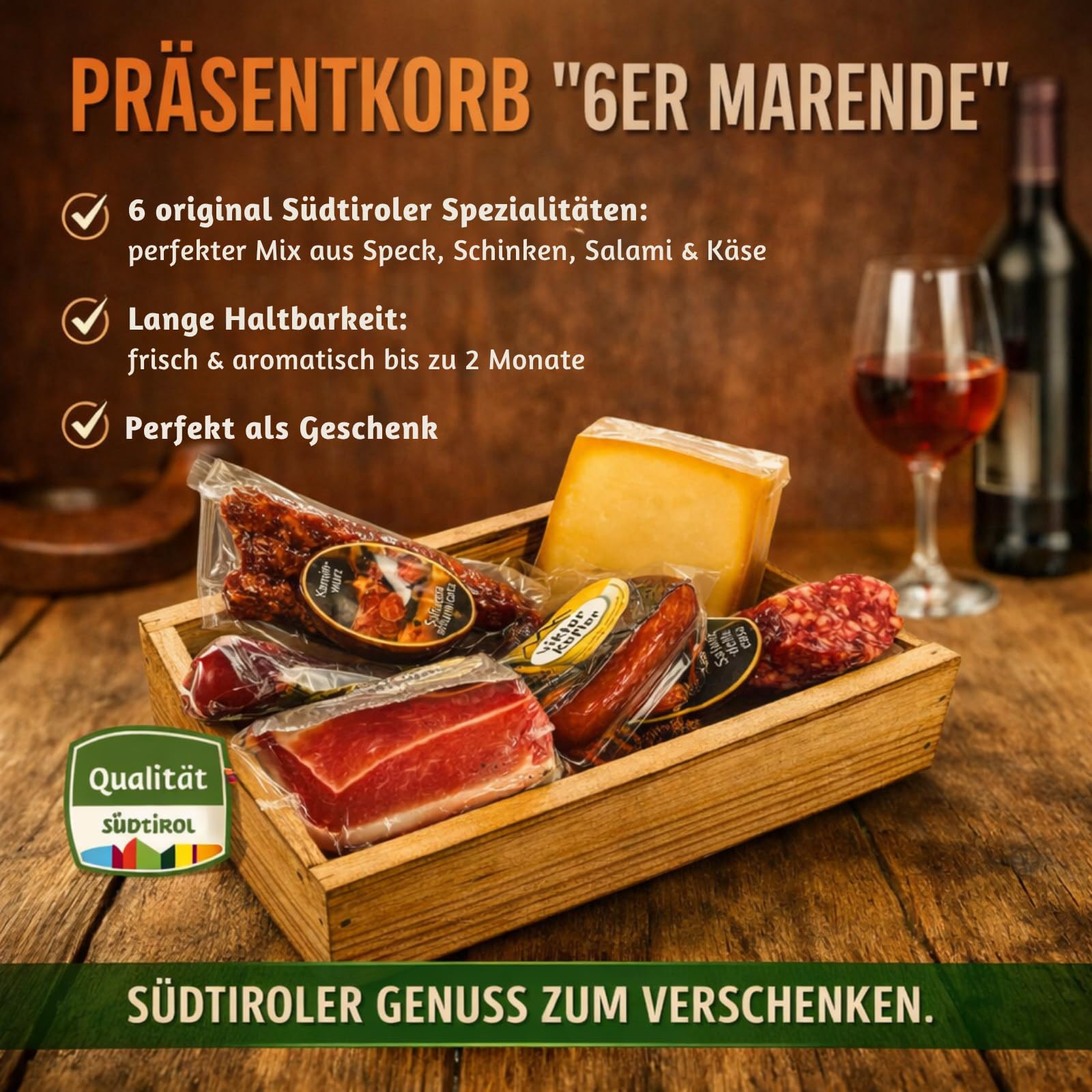BAVAREGOLA Südtiroler Präsentkorb 6er Marende Alpen Genuss Tiroler Brotzeit Box mit Speck Käse Salami Schinken Kaminwurzen Premium Feinkost Geschenk