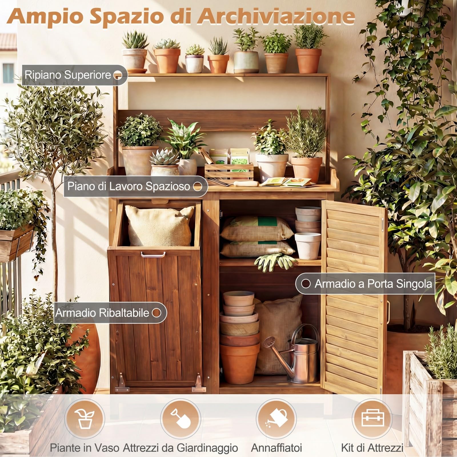 COSTWAY Tavolo da Giardinaggio, Armadietto da Esterno in Legno Massello con Ripostiglio, Ripiani Rimovibili e 2 Ante, Tavolo da Lavoro per Piante da Giardino, Prato e Cortile