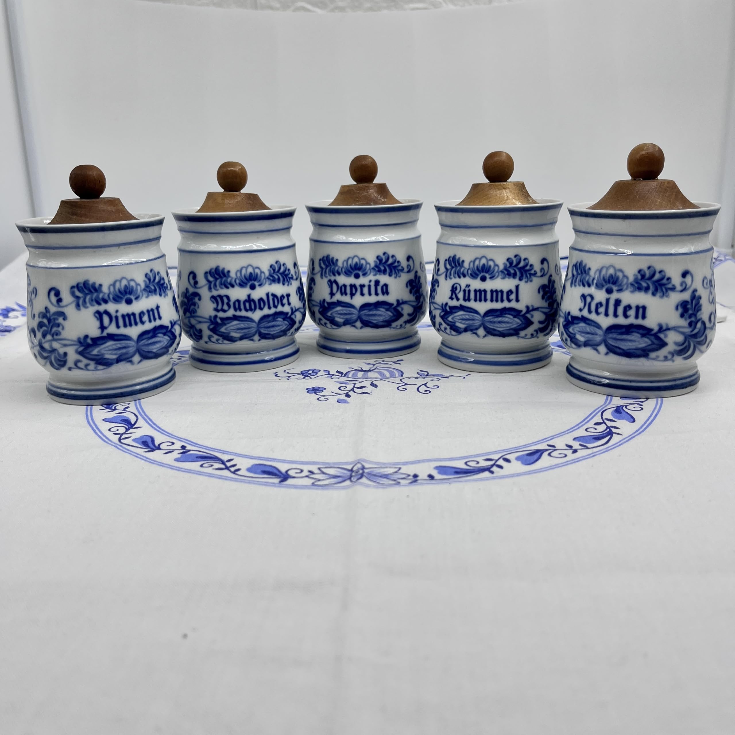 Generisch Antikes Porzellan Gewürzdosen Set 5-teilig Handarbeit Vintage mit Holzdeckel