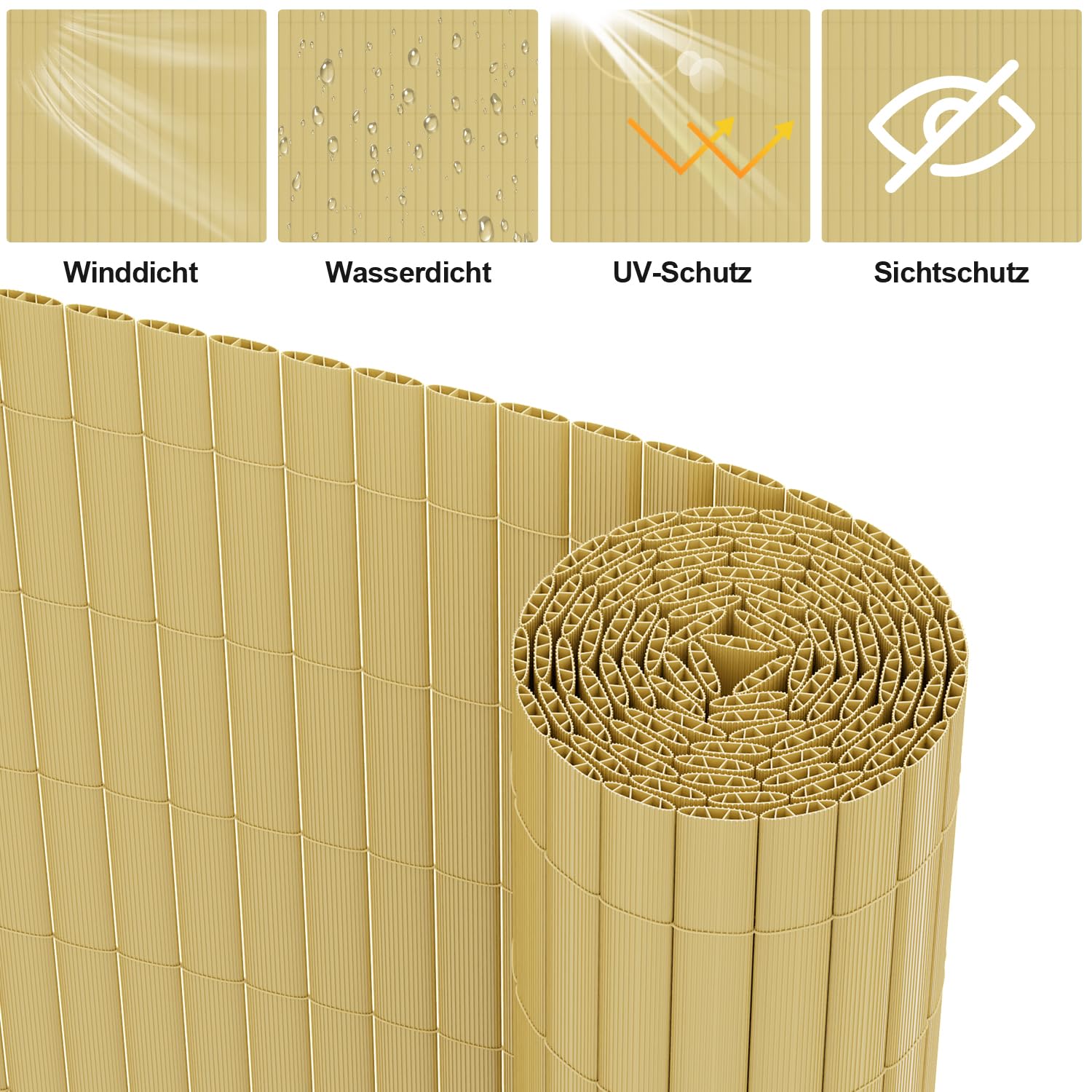 Gimisgu PVC Sichtschutzmatte Sichtschutzzaun W-Struktur Verstärkung Innen Balkonverkleidung Standard Sichtschutz Windschutz ohne Bohren für Balkon Garten, 160 x 1000 cm, Bambus