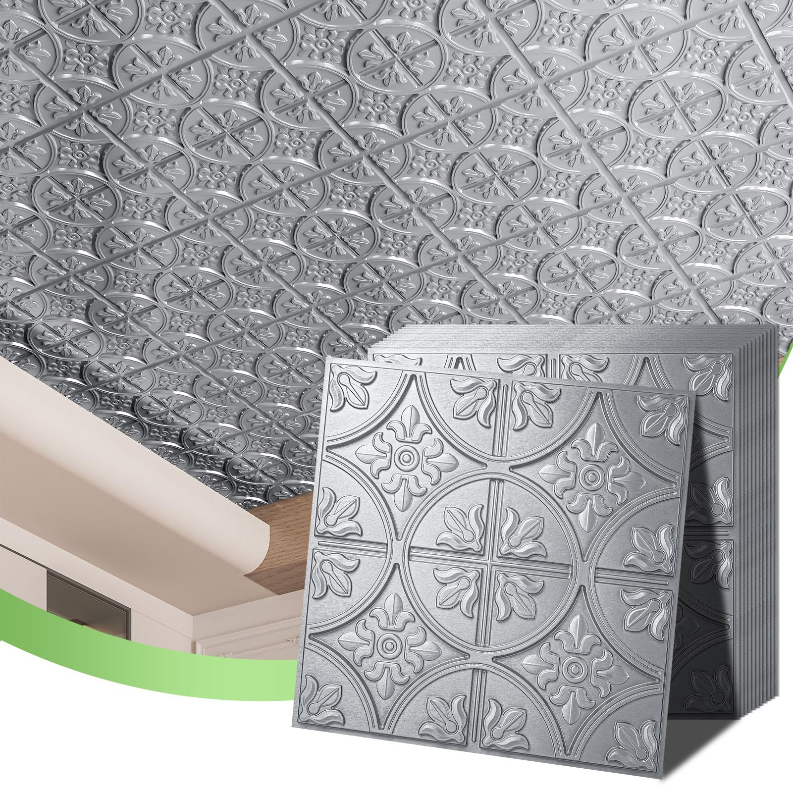 Art3d Drop Ceiling Tiles 2x2, Glue-up Ceiling Panel, Fancy Classic Style, Argent Silver