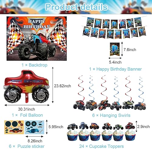 Miniatura 2 de Suministros para fiesta de cumpleaños Turck, decoración de fiesta de cumpleaños temática de camión, incluye pancarta de feliz cumpleaños, globos,