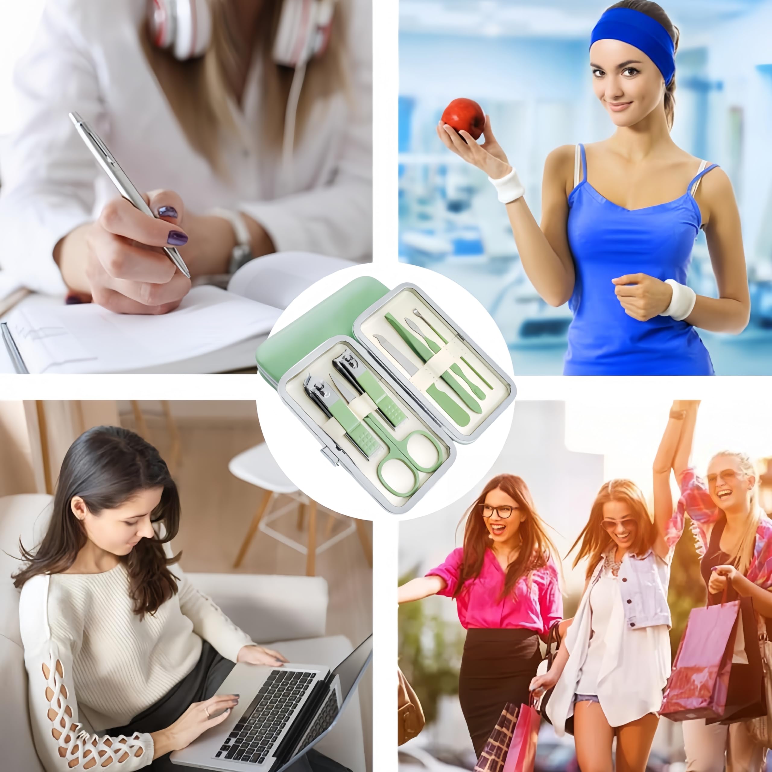 QURIPE Juego de manicura de 7 piezas, kit de cortaúñas, kit de manicura de acero inoxidable, herramientas de corte de uñas, kit portátil de aseo de viaje, el mejor regalo con estuche de lujo (verde)