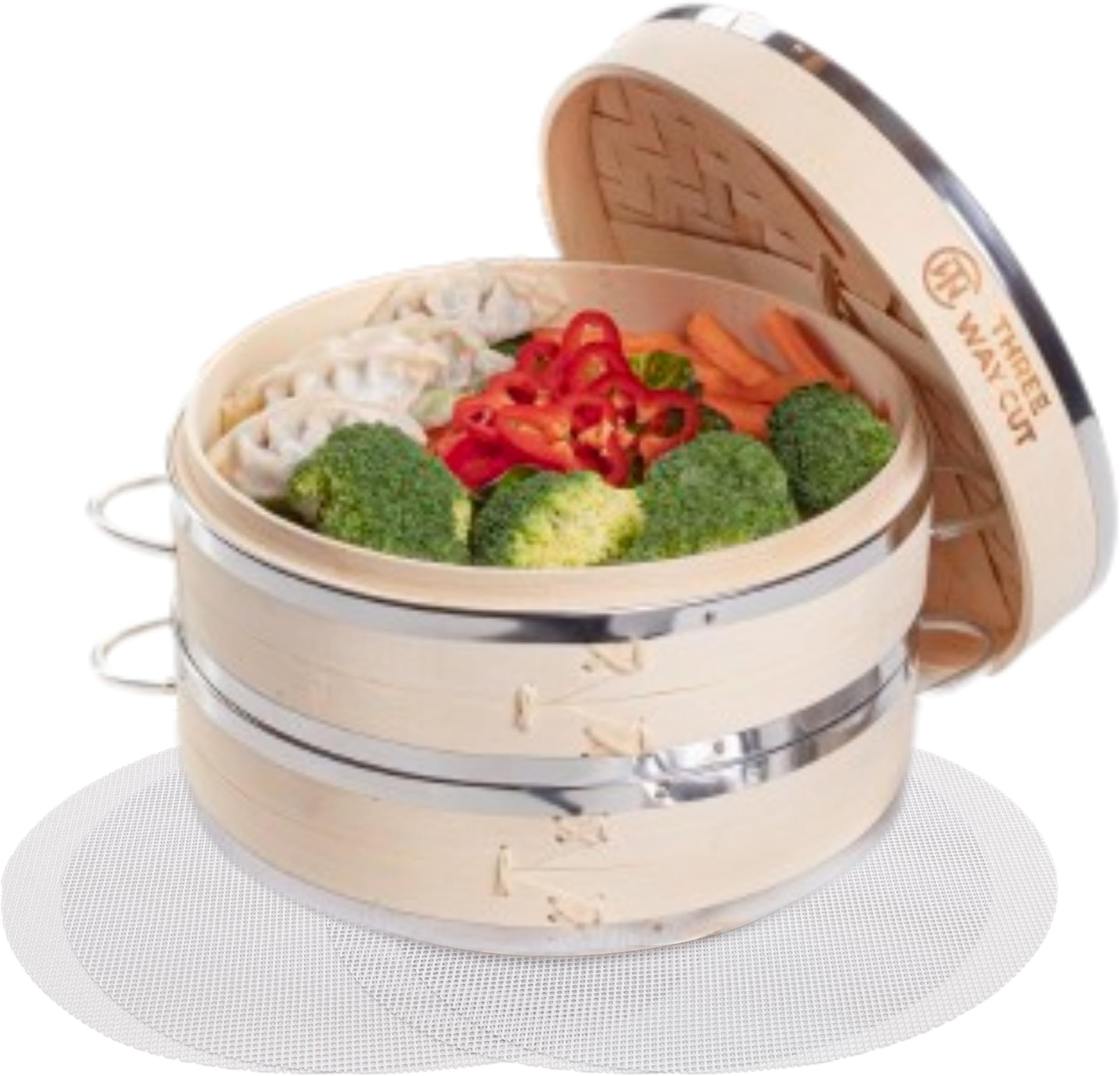 Three Way Cut Dumpling Bamboo Steamer 10 Inch 2 Tier Wooden Basket With Handle, Reusable Silicone Liner, Kit For Cooking Baby Bao Bun, Dim Sum, Rice Potsticker Steaming Chinese Asian Food & Vegetables