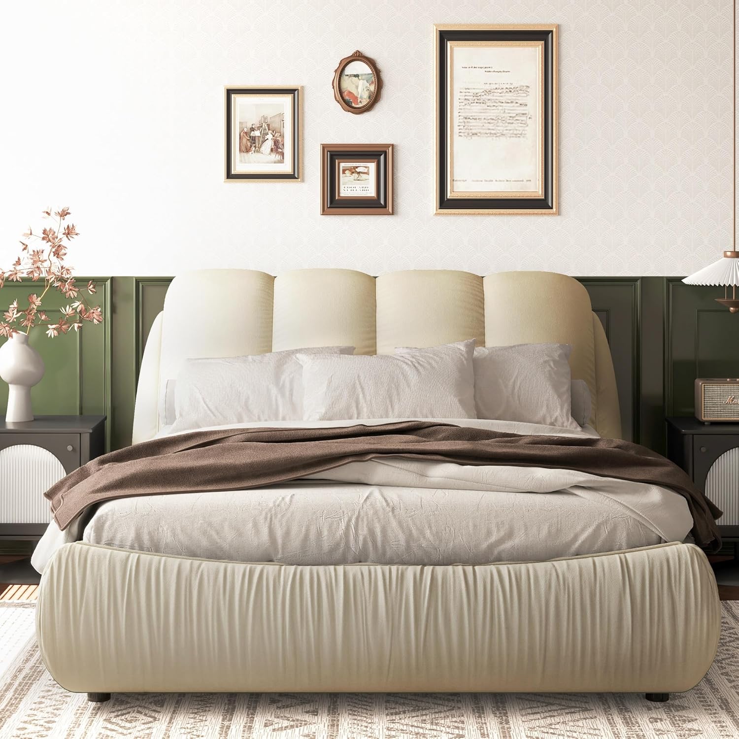 DEINPPA Contemporary Upholstered Bed with Oversized Padded Backrest, Queen Size Platform Bed|Thickening Pine Wood Slats|No Box Spring Needed|1000Lbs Weight Capacity-for Adult Bedroom-Beige