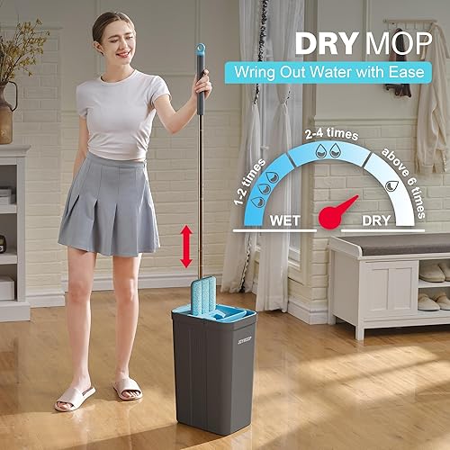 Miniatura 3 de JOYMOOP Juego de fregona y cubo con escurridor, mopas para limpieza de pisos, limpiador de fregona de pared con mango largo, con 6 almohadillas de