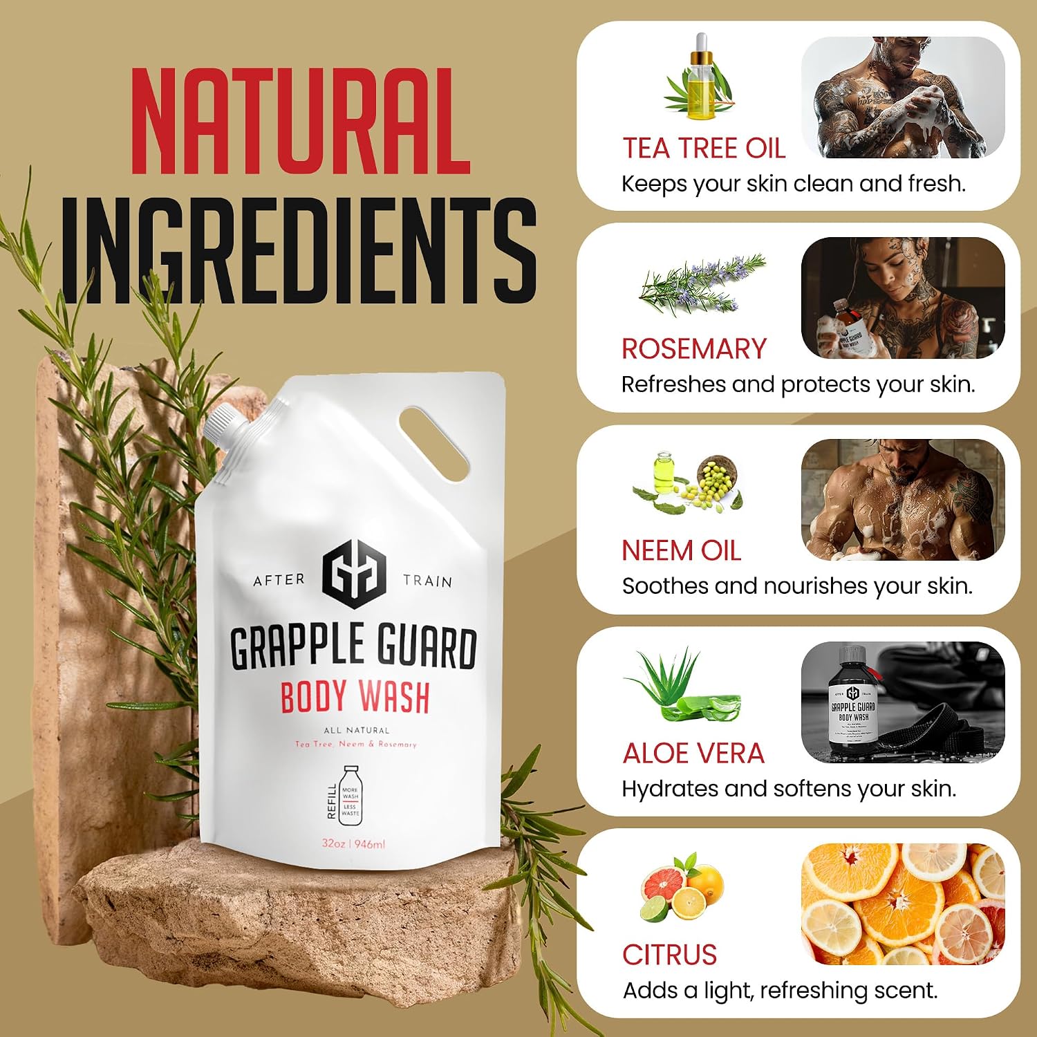 Natural Liquid Soap Body Wash | Grappling Inspired Unisex Body Wash Suitable for All Skin Types with Tea Tree Oil, Neem Oil, and Rosemary Extract - Citrus/Tea Tree Scent (32oz) Refill