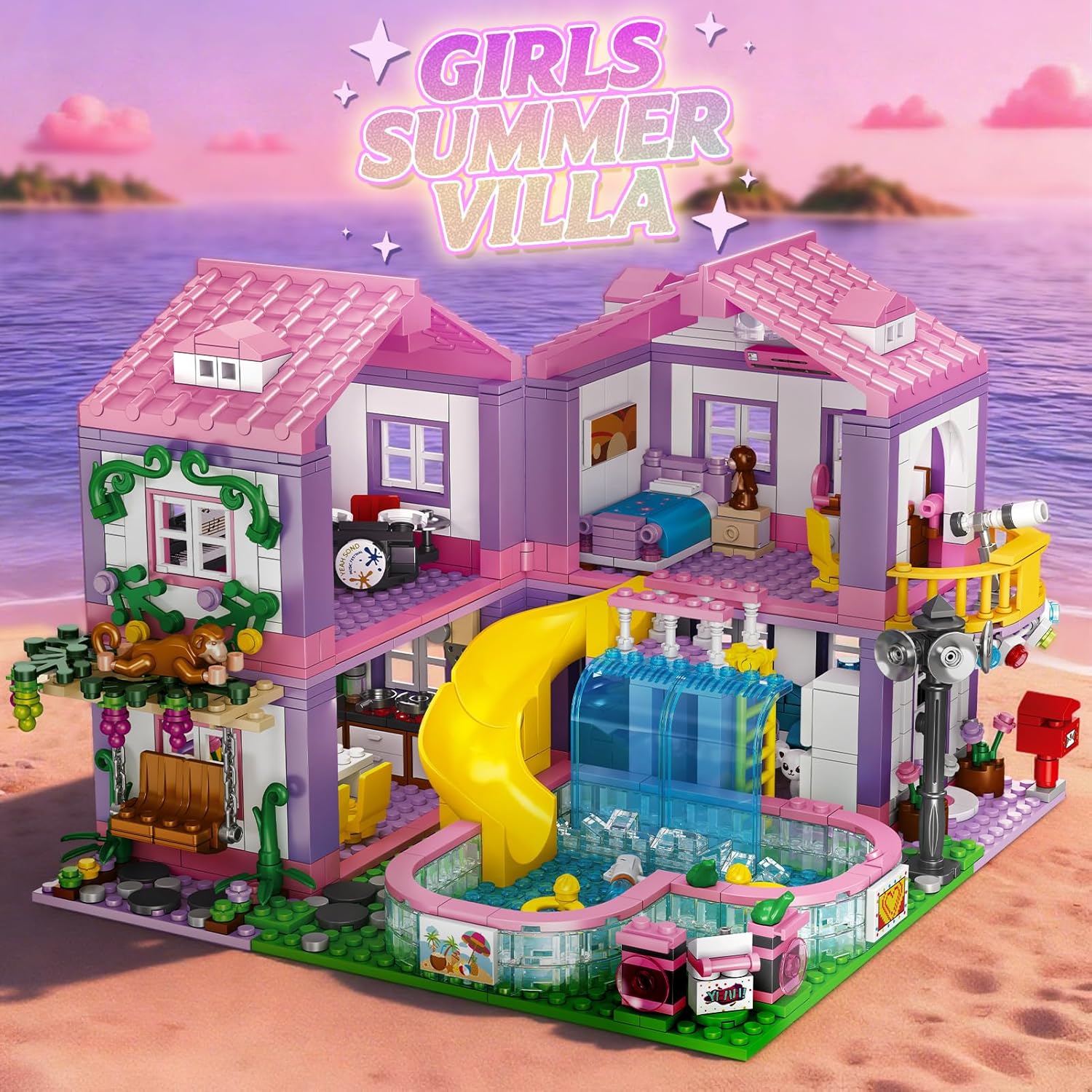 Pink Girls Summer Villa Friends Building Block Set, Compatible with Lego Friends, Educational 3 in 1 Construction Toy with Pool, Slide, Monkey and Swing for Kids Age 6 8 12 and Up, 1026PCS - Image 2