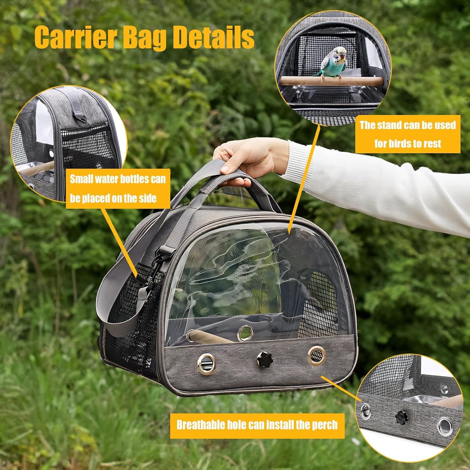 Mochila para pájaros con palo de madera, bolsa de transporte con barra de pie y bandeja de acero inoxidable, mochila ligera para loros