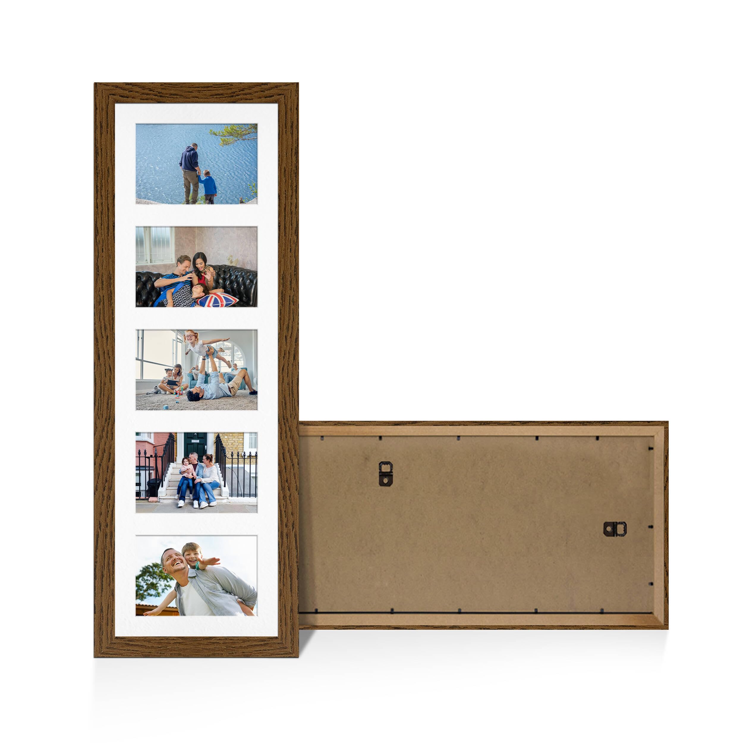 Alison Kingsgate Dark Oak 26x8 Photo frames for multiple pictures -5 Apertures Collage Frame with White Mount - Holds (5x) 6x4 Photos - Engineered Wood & Perspex โ image 1