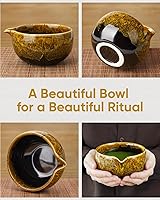 Vista 2 de Juego de batidor de matcha, kit de matcha transformado en horno, cuenco de cerámica con boquilla (18 onzas), batidor de bambú, tamiz inoxidable