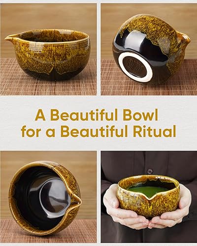 Miniatura 2 de Juego de batidor de matcha, kit de matcha transformado en horno, cuenco de cerámica con boquilla (18 onzas), batidor de bambú, tamiz inoxidable