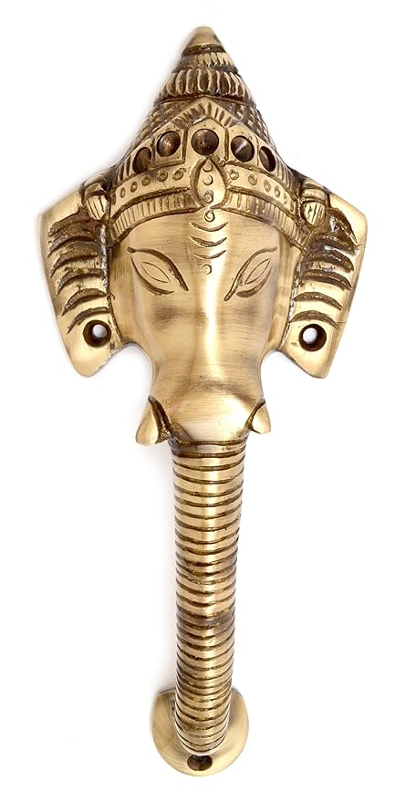 Two Moustaches Brass Antique Brown Crown Ganesha Door Handle, 8 Inches, Antique Brown, Standard, Pack of 1