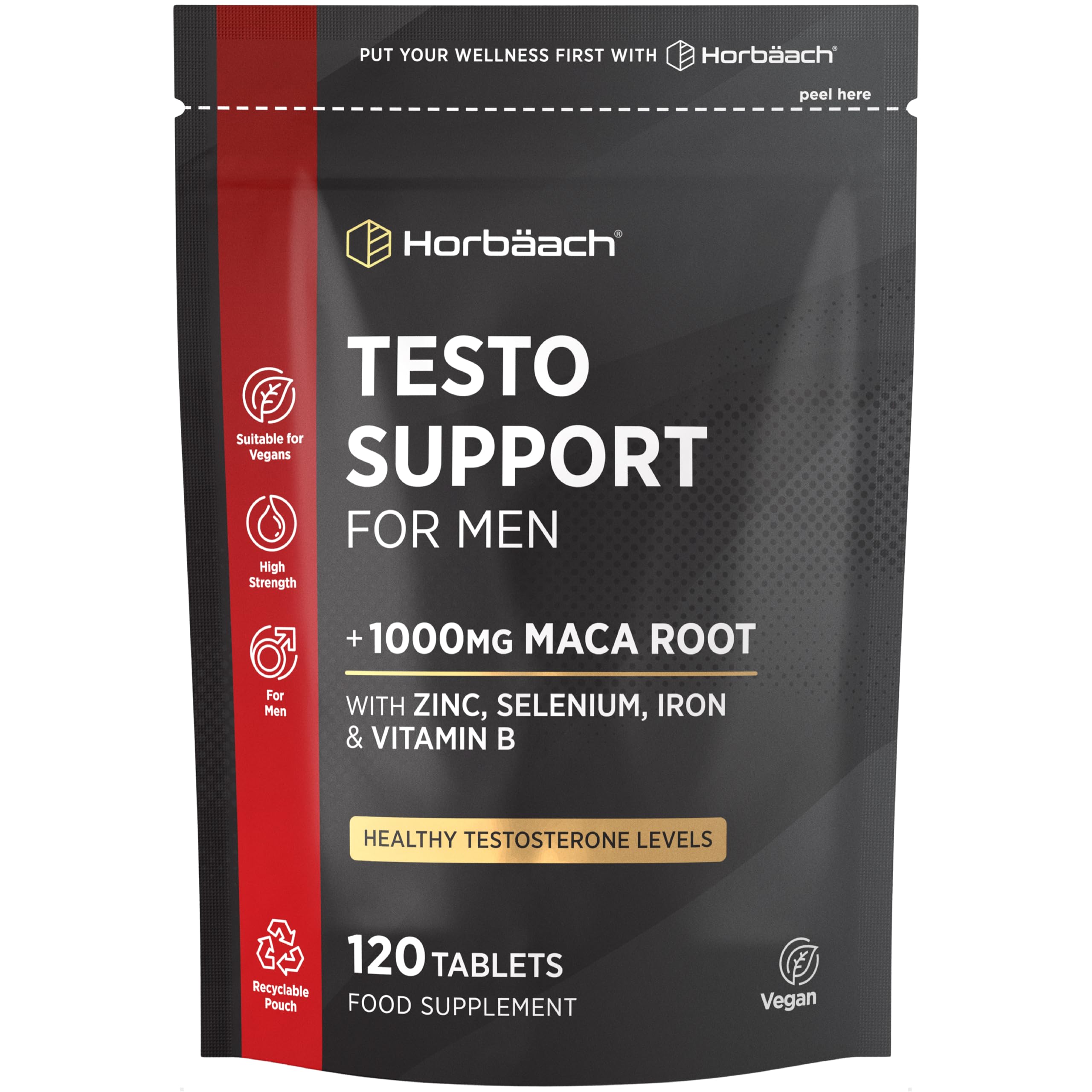 Testosterone Supplement for Men | 120 Vegan Tablets (4 Months Supply) | Male Hormone Tablets with Maca Root, Zinc, Selenium, Iron & B Vitamins | by Horbaach