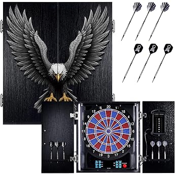 Dartscheibe Elektronisch Dekoratives Elektronische Dartscheibe Schrank [6 Bronze Soft-Tip Pfeile] Eigene Lichtfarbe for Jeder Spieler Profi E Dart Scheibe mit Holzschrankt ren - [Adler]