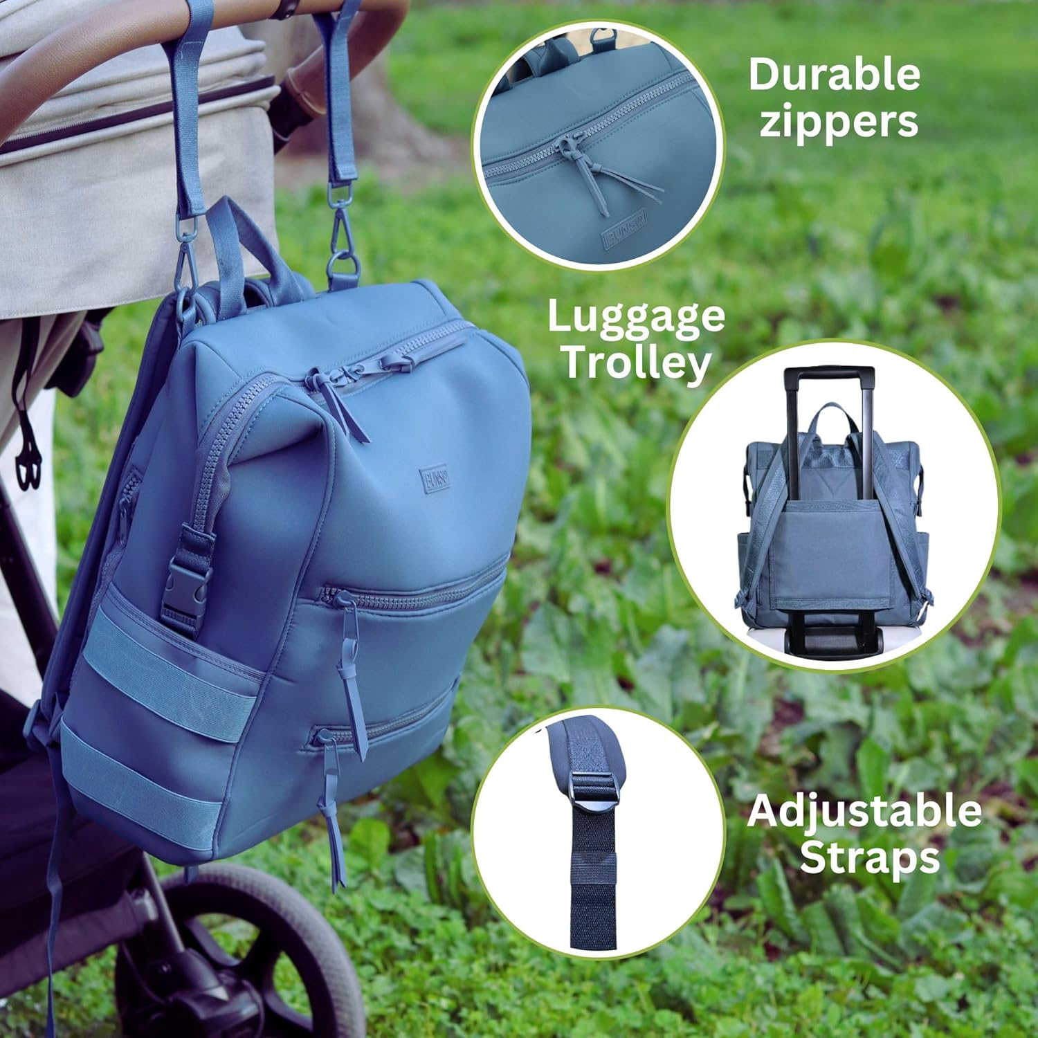 BUNSO Neoprene Diaper Bag – minimalist, water-resistant backpack with pouch, changing pad, and stroller straps. Lightweight unisex baby diaper bag in Slate Blue