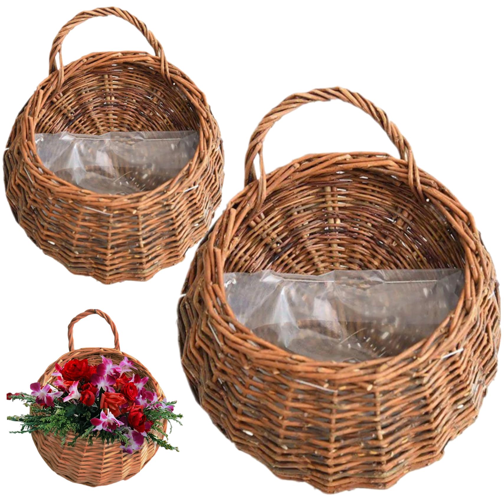 Takingup Rattan Color Hanging Basket, Hanging Planter 2Pcs Natrual Rattan Planter Vintage Wall Basket Storage Plant Rattan Wall Flower Pot For Home Garden Indoor Plants, Color