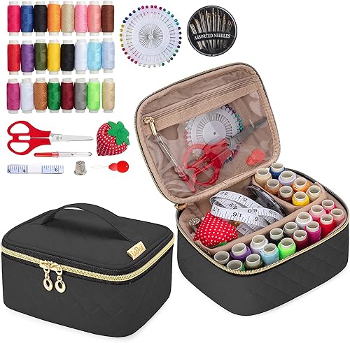 Miniatura 8 de LoDrid Kit de costura, bolsa de franela portátil con suministros completos de costura para viajes y hogar, kit de reparación de costura para
