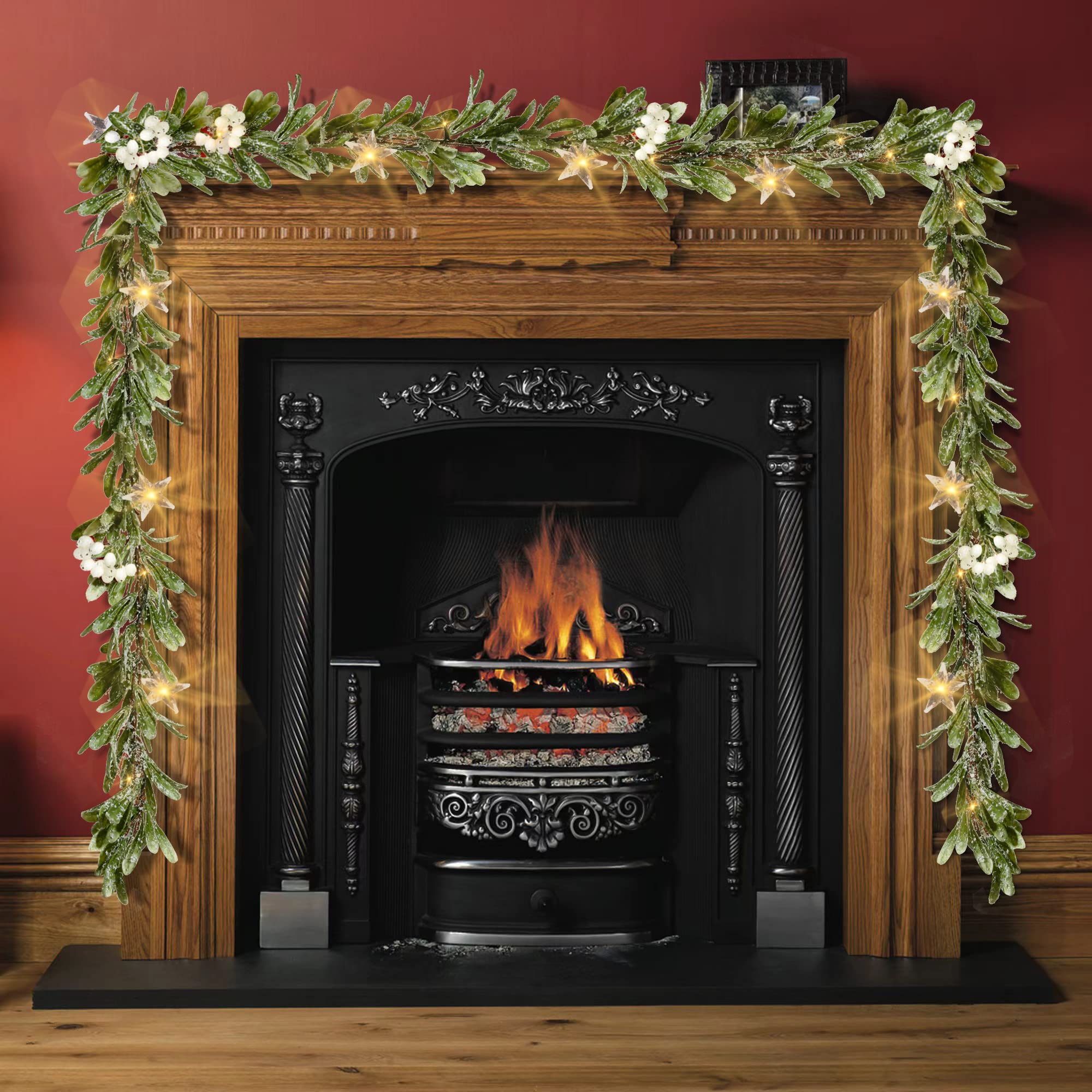 GODKOL Flocked Olive Christmas Garland with Lights, 6FT 20 LED Battery Operated prelit Garland, Lighted Garland for Christmas Holiday Mantel Wedding Party Indoor Decoration