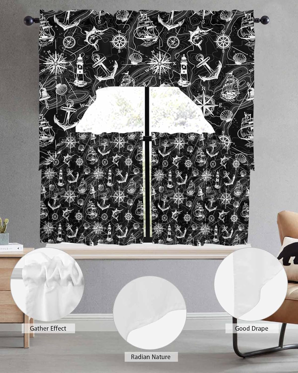 Nautical Black Swag Kitchen Curtain Sets with Valance,Retro Map Sailing Boat Rudder Anchor Coastal Curtain 3 Pieces Rod Pocket Drapes for Bedroom Bathroom Cafe Windows,56''x36'' & 24''x27.5''x2Panels