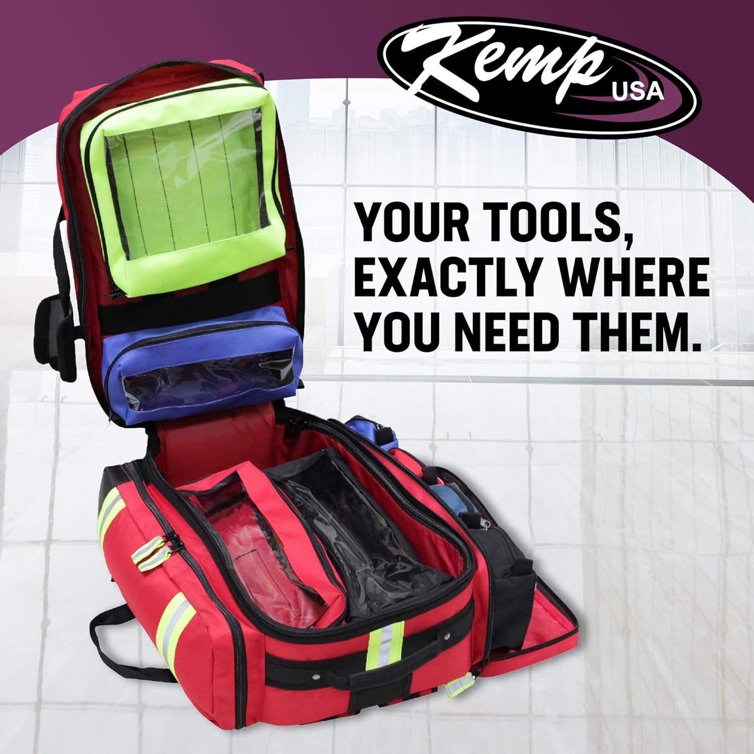 Kemp USA Ultimate EMS Backpack EMT Emergency Medical Bag with Oxygen Cylinder Strap Large Medic Backpack for EMT Kit Search and Rescue Tools Durable Multi Pocket Heavy Duty Pro Ready (Standard Red)