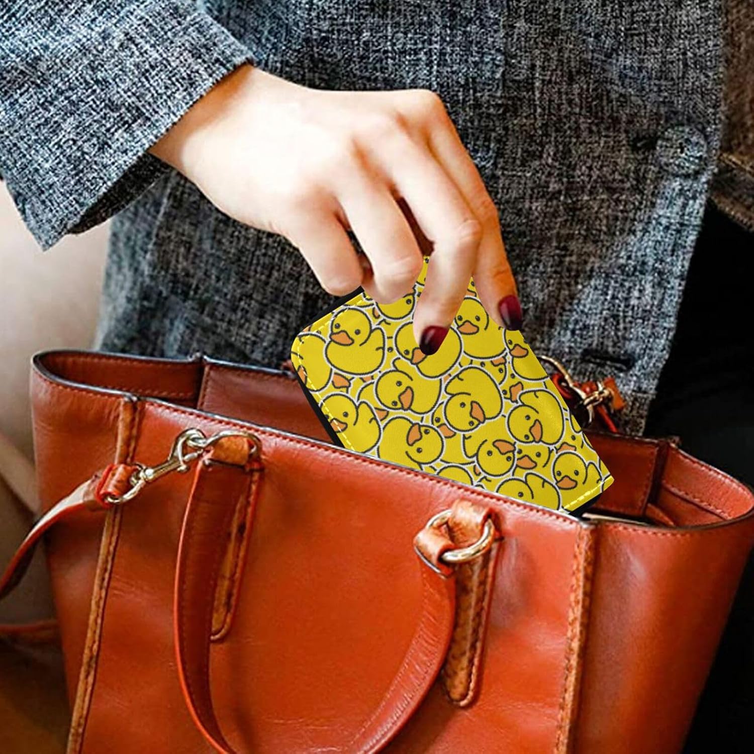Yellow Duck Cartoon RFID Credit Card Holder Leather With Zipper Card Case Wallet for Women Girls