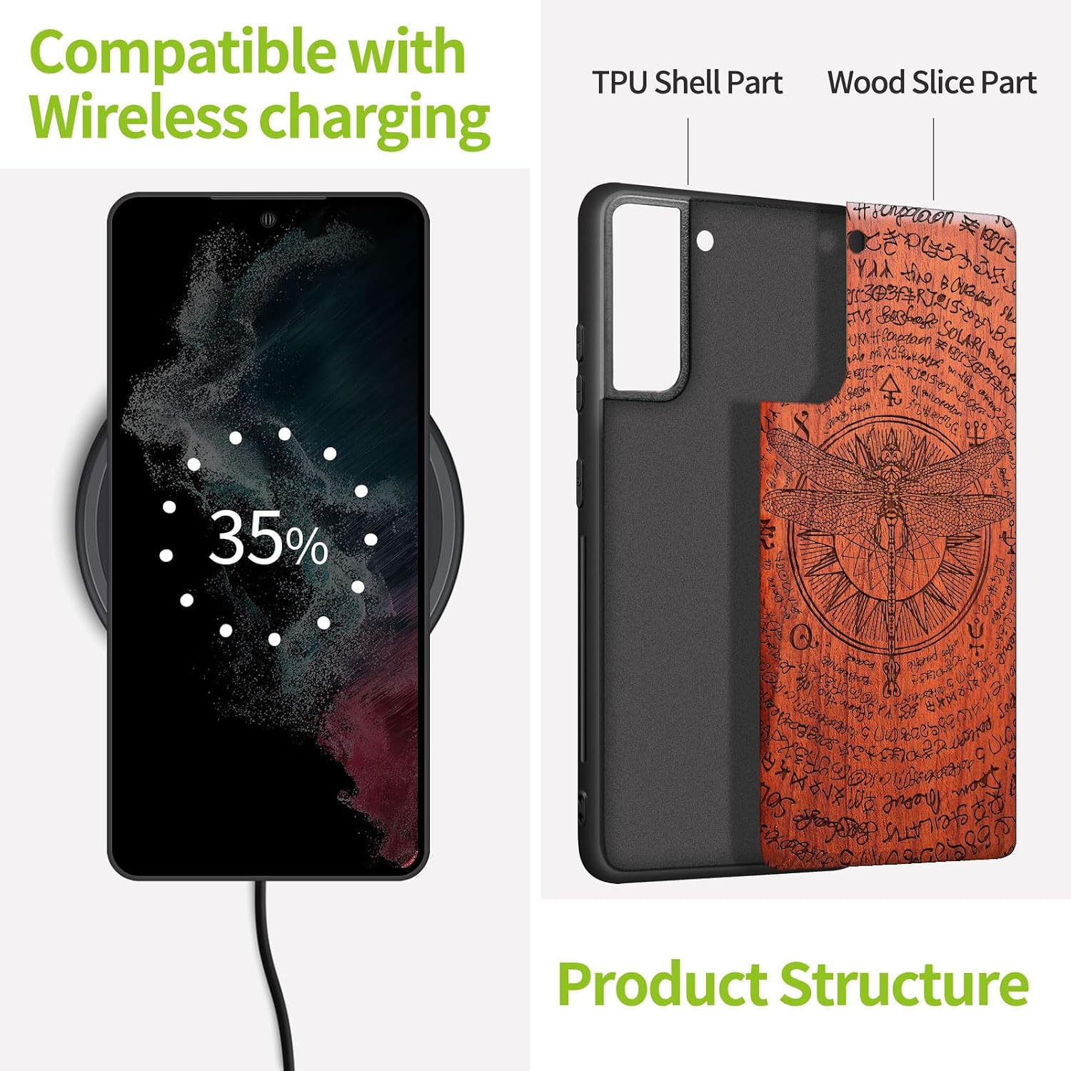 Carveit Wood Case for Galaxy S21 Plus Case [Natural Wood & Black Soft TPU] Shockproof Hybrid Protective Unique Wooden Cover Compatible with S21 Plus 5G (Dragonfly-Rosy)