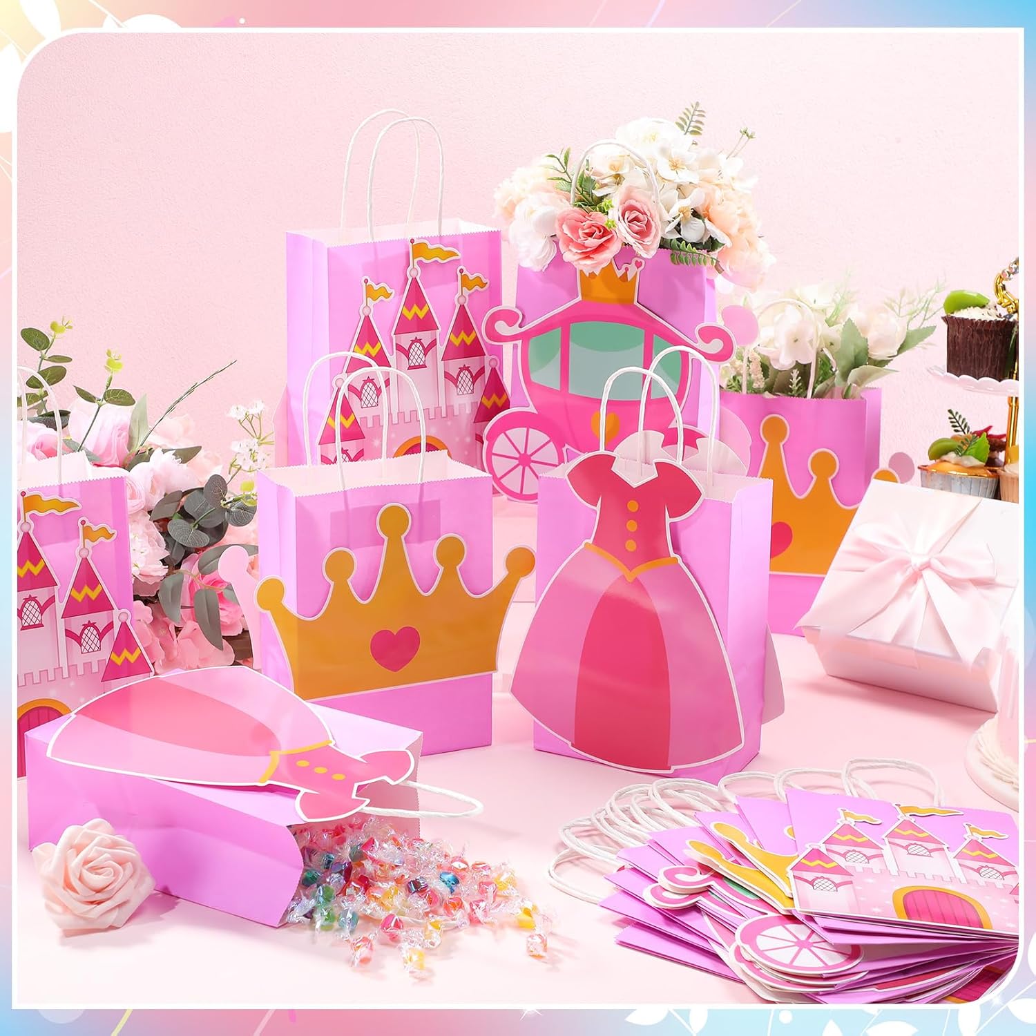MotiMind 16pcs Princess Party Favor Bags Princess Castle Crown Goodie Gift Candy Treat Paper Bags with Handles for Birthday Gender Reveal Baby Shower Wedding Supplies - Image 2