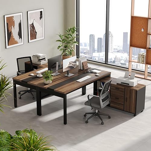 Miniatura 5 de LITTLE TREE Escritorio ejecutivo de 70.8 pulgadas con archivador lateral, estación de trabajo moderna de madera gruesa en forma de L, escritorio