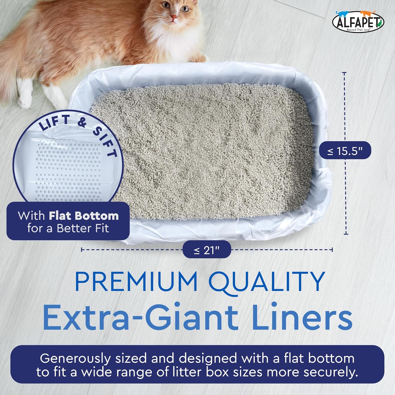 Alfapet Self Sifting Cat Litter Box Liners, Set of 42, Flat Bottom, Reinforced, XL Design for Large Trays, 13 Gallons