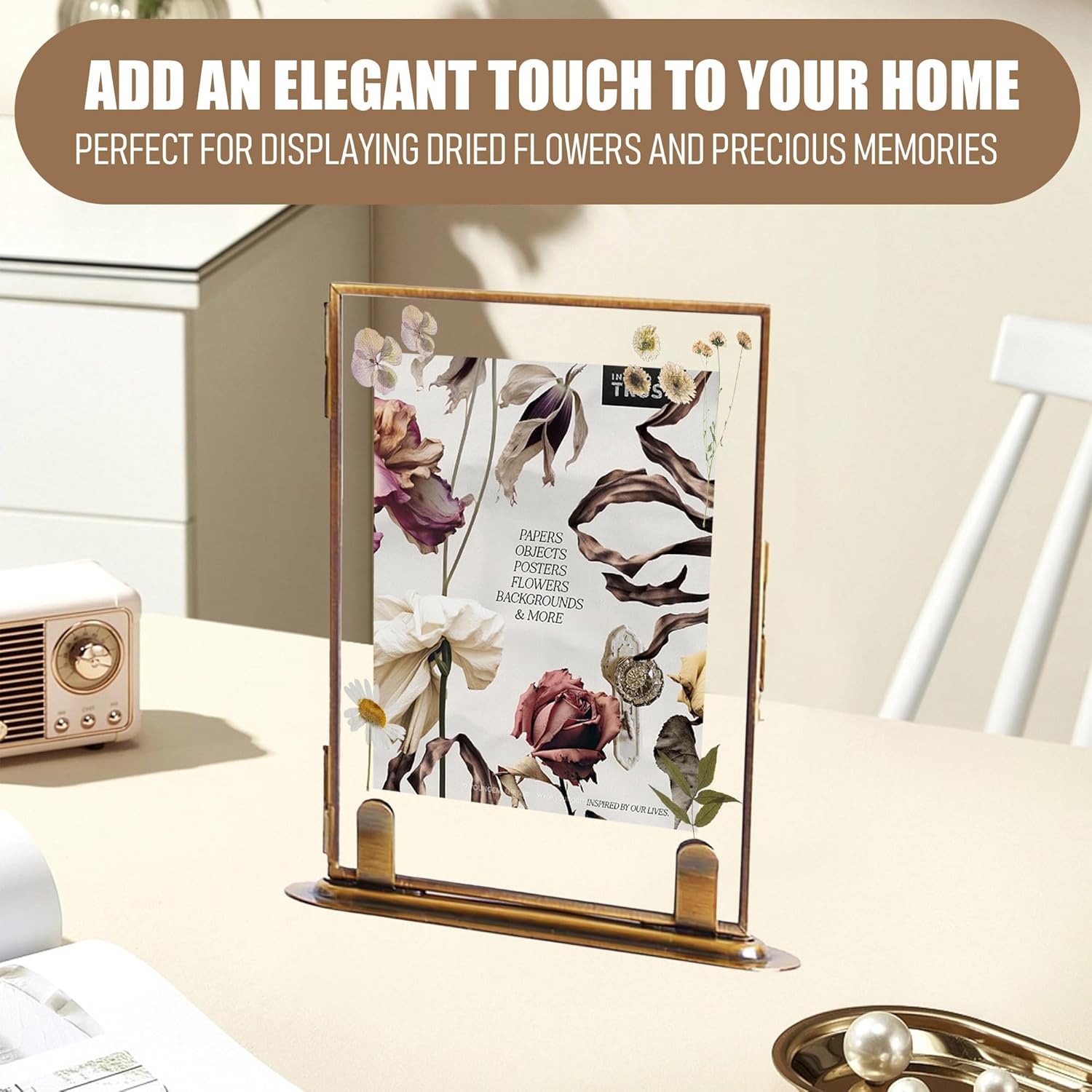 Gold Floating Picture Frame with Corner Bracket, Glass Display for Pressed Flowers, Photos, Art & Wedding Décor – Vertical Tabletop DIY Frame (4x6 Square)