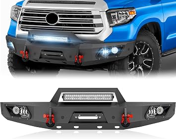 for Tundra Pickup Truck Front Bumper Compatible with 2014 2015 2016 2017 2018 2019 2021 Toyota Tundra with Winch Plate, Skid Plate, Sensor Holes, 5 x LED Lights, License Plate Frame & D-rings