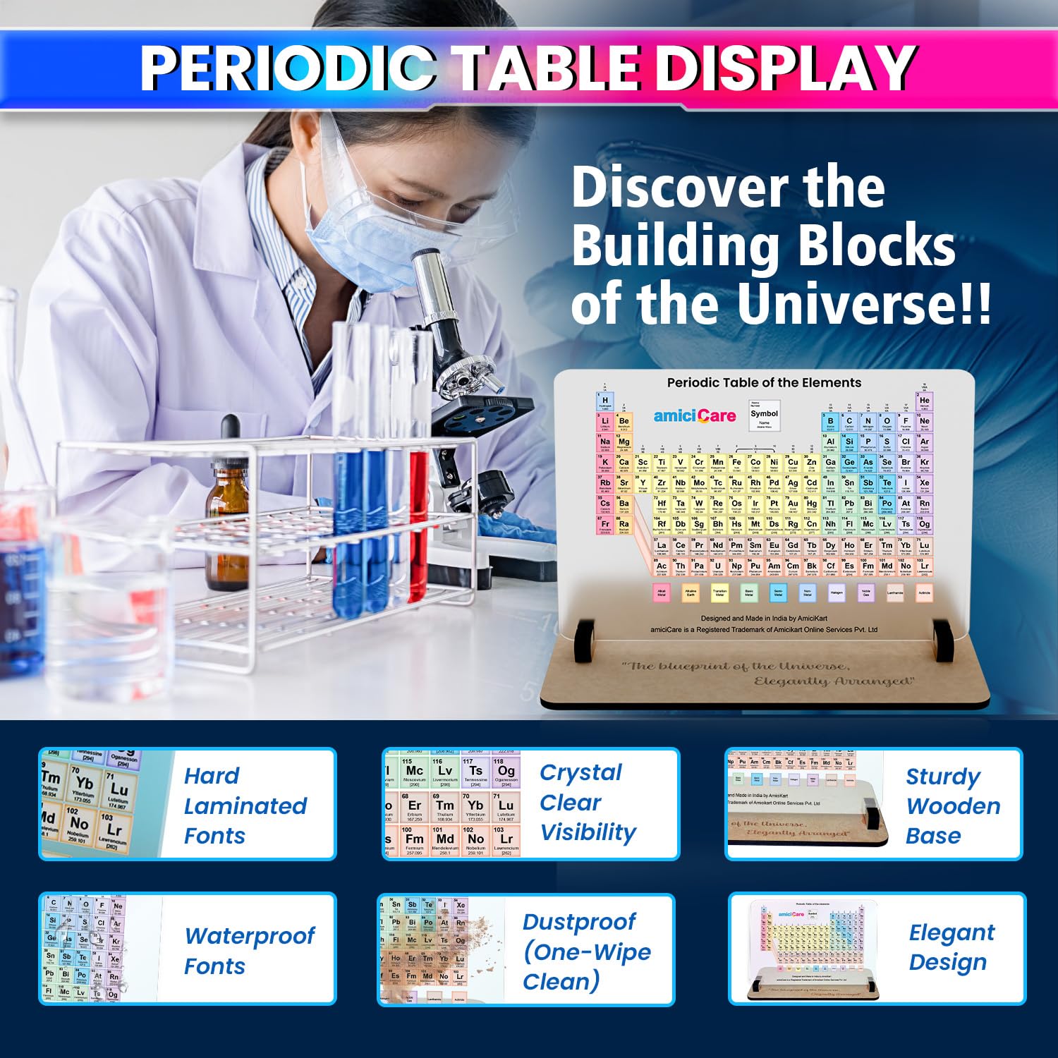 amiciCare Periodic Table Display with Wooden Stand – Elegant Chemistry Smart Learning Tool for Students and Educators, 25x19 cm Science Element Chart 2
