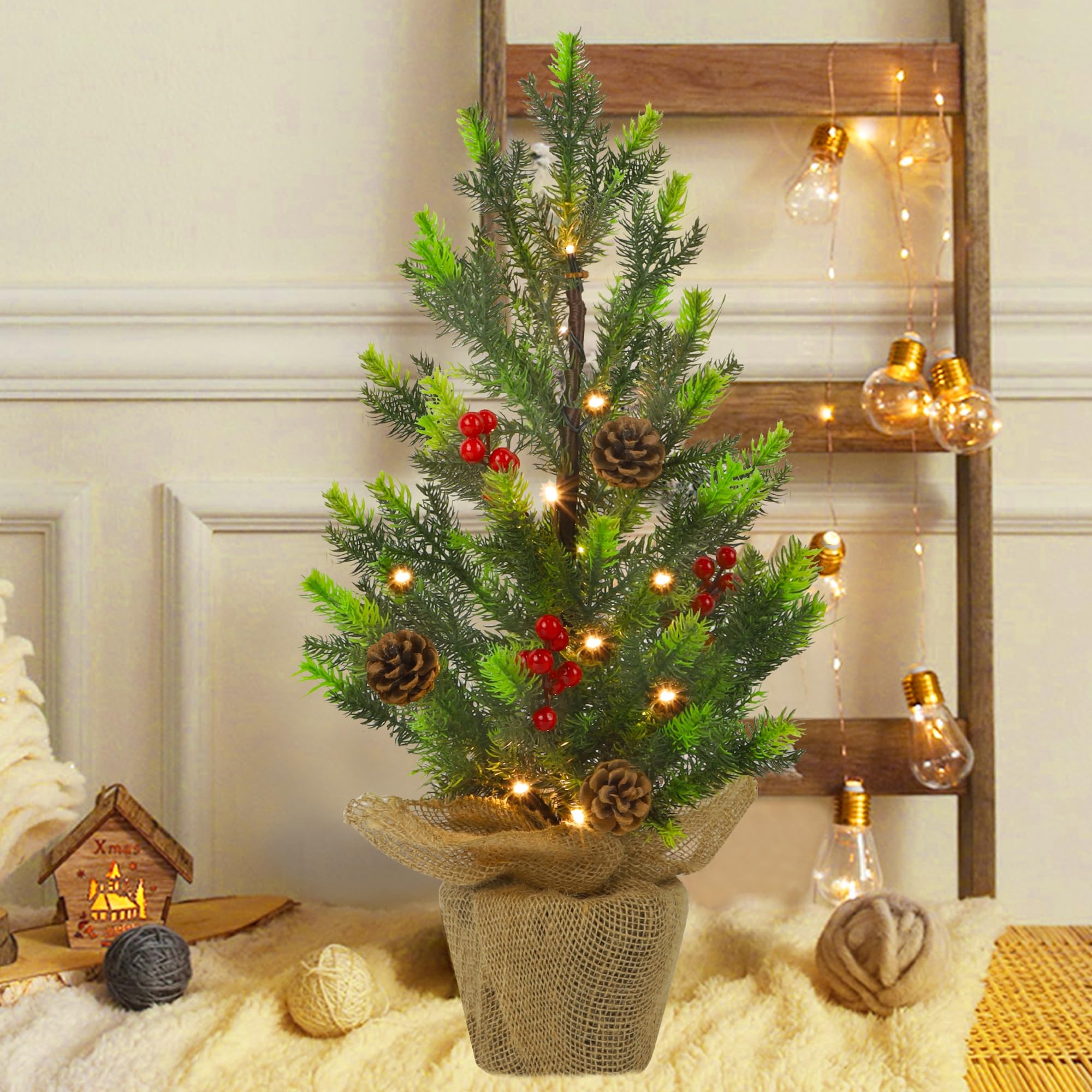 Juegoal Sapin de Noël lumineux de 61 cm, avec 50 guirlandes lumineuses blanc chaud, petit sapin lumineux avec base en toile de jute pour Noël, décoration de maison de printemps