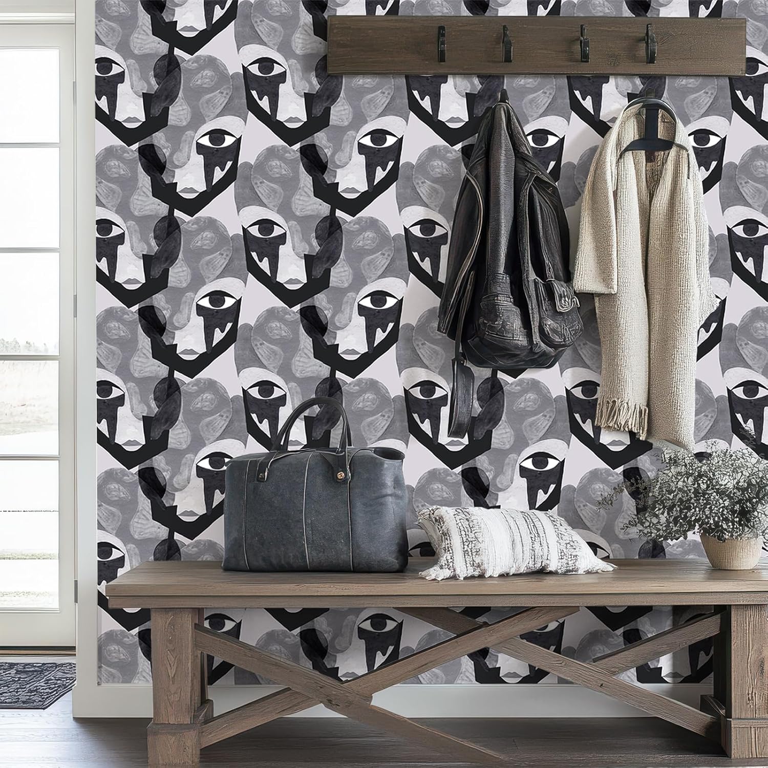 CRE8TIVE Abstract Woman Portraits Wallpaper Peel and Stick Female Head Black White Grey Contact Paper for Cabinets Walls 12"x118" Self Adhesive Removable Art Deco Wallpaper for Bathroom Girls Bedroom