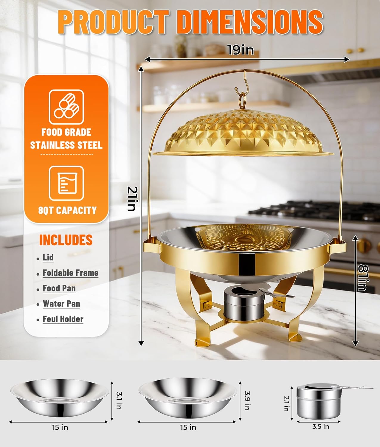 8QT Chafing Dishes Set for Buffet, Gold Stainless Steel Luxury Food Warmer for Parties Buffet, Elegant Hollow-Out Buffet Warmer for Hotel, Weddings, Home Parties, Christmas Gatherings,Catering (6 pcs)