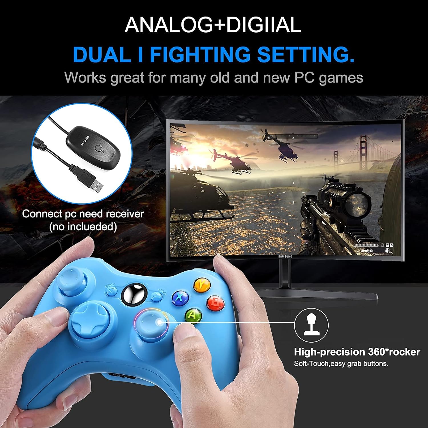 Puning Replacement Wireless Controller Compatible with Xbox 360 Controller,Wireless Game Controller Joystick for Xbox&Xbox Slim 360(Blue) (Renewed)