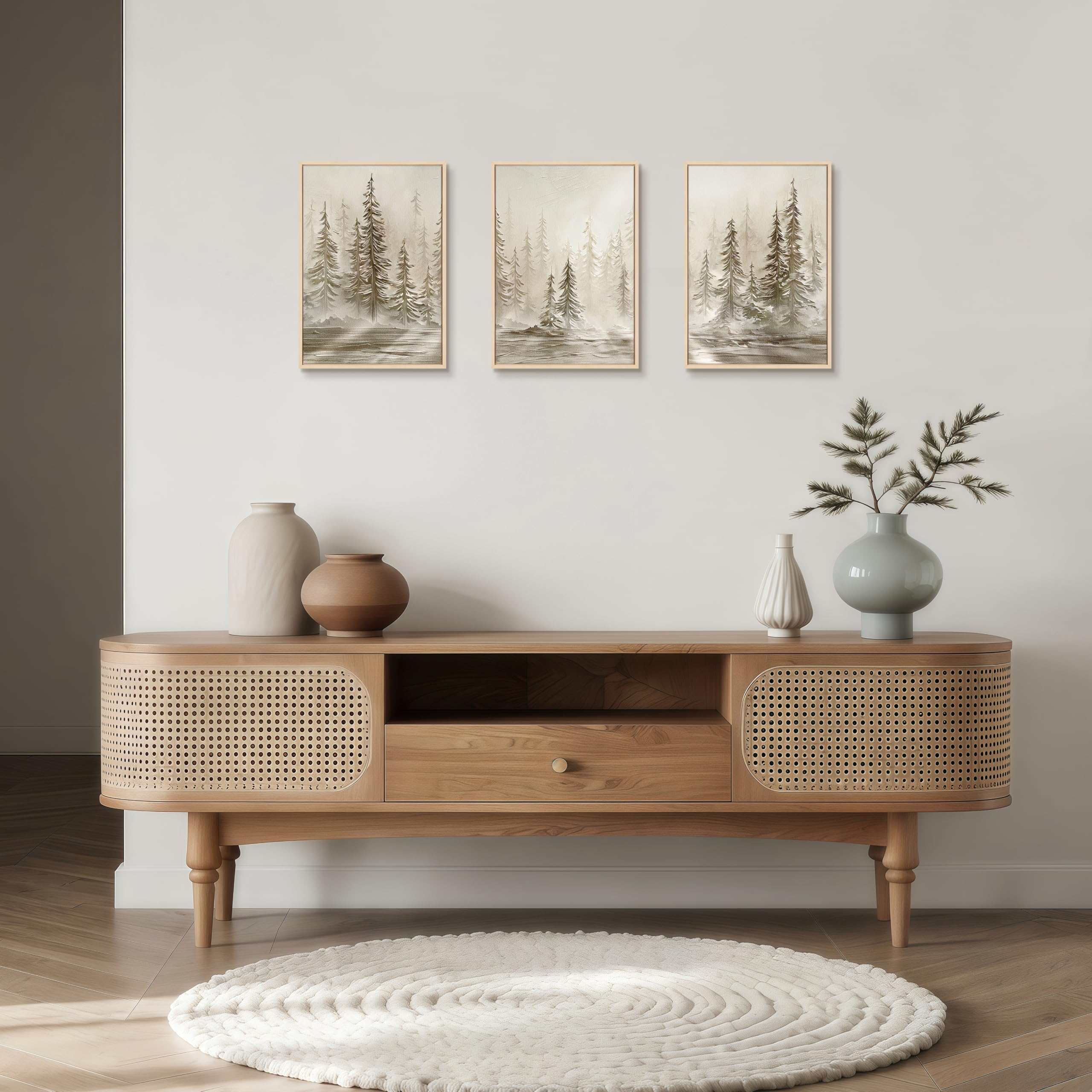 3Pcs Quadri Moderni Neutro Astratto Paesaggio Stampa Su Tela Con Cornice, Nebuloso Sole Pino Foresta Stampe Da Parete Natura Rustico Foresta Quadro Decor per Soggiorno Camera da Letto Cucina 30x40cmx3