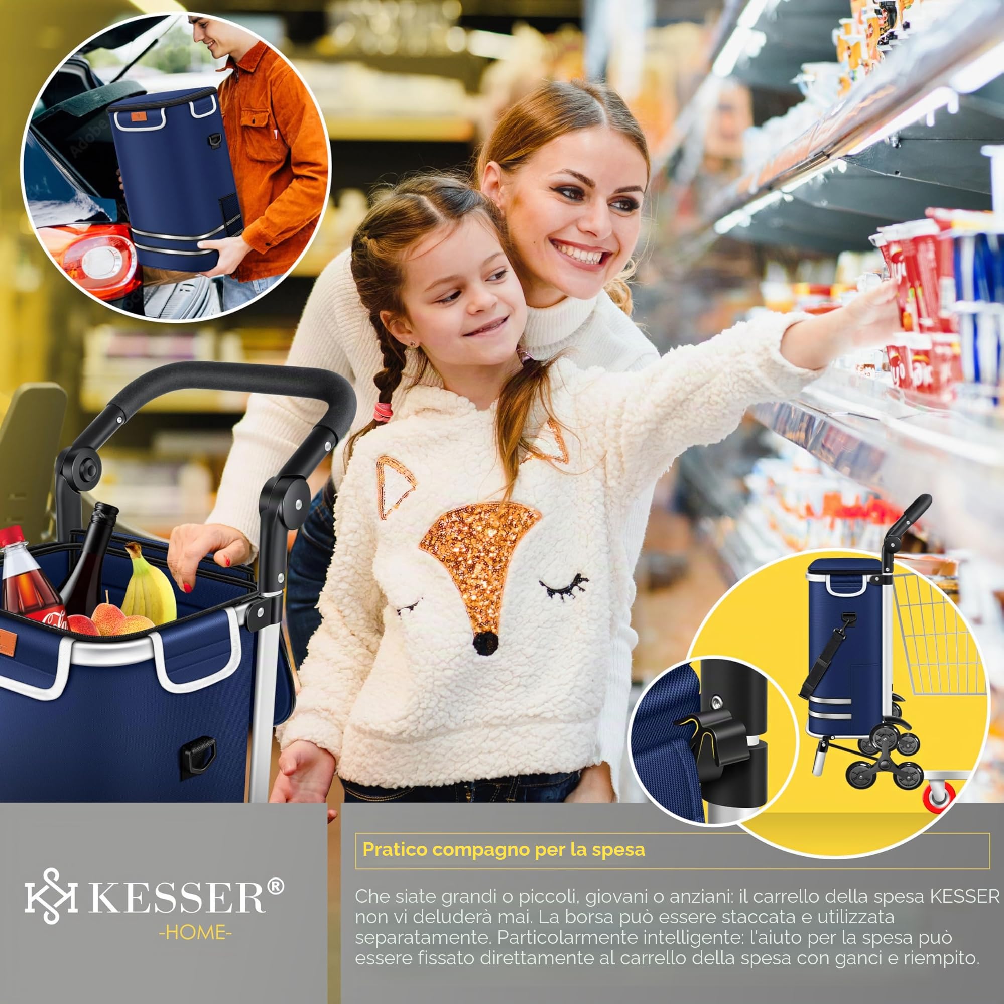 KESSER® Carrello spesa - Montascale con scomparto refrigerante, con Capacità di 56L, Caricabile fino a 50kg, Trolley e borsa a Tracolla 3in1, incl. Chip per la spesa, Pieghevole, Blu marino