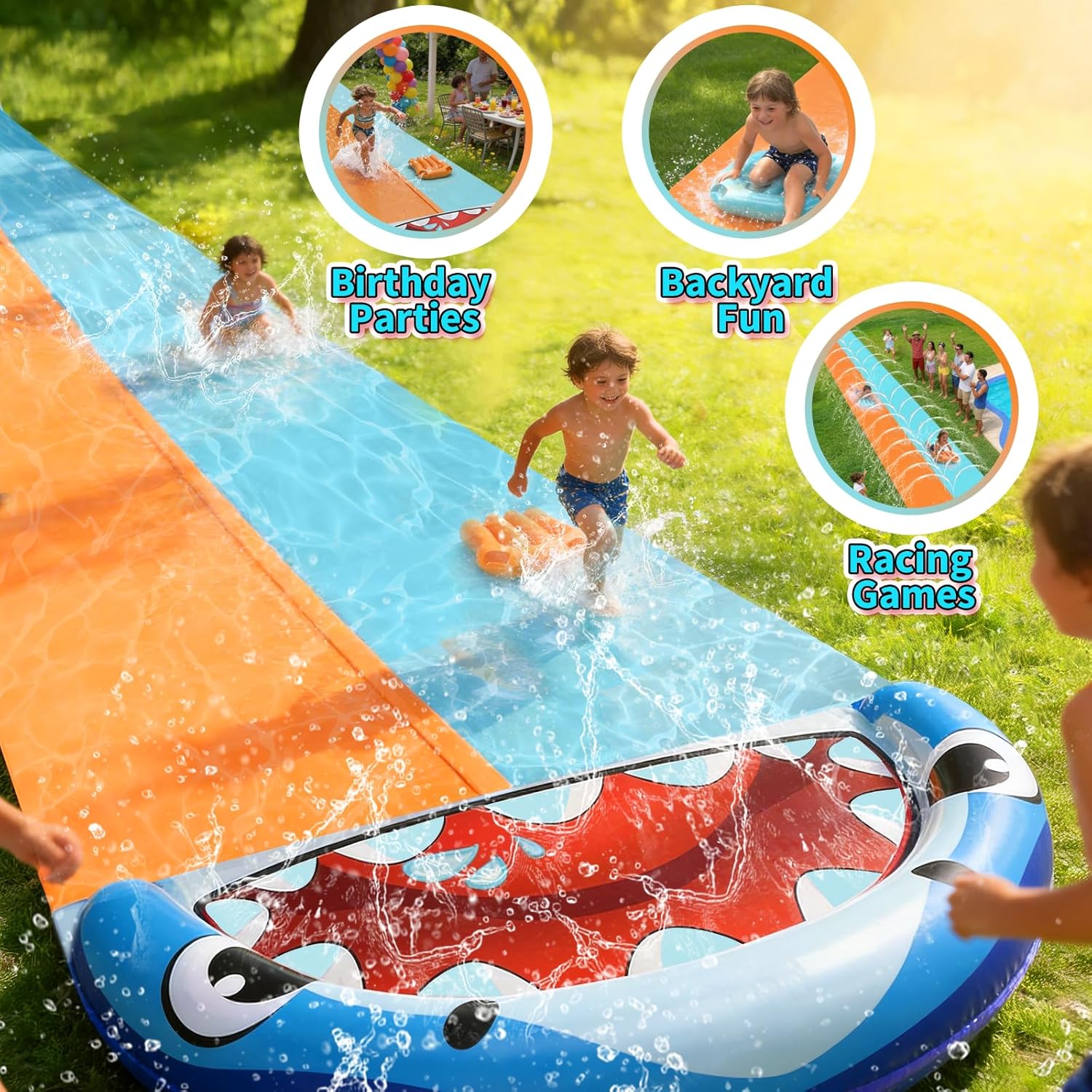 50FT Extra Long Slip Lawn Water Slide for Kids Adults, XXXL Giant Heavy Duty Outdoor Racing Slide Toy with Sprinkler N 2 Inflatable Bodyboards, Double Lane Backyard Summer Play Slip Toy with Crash Pad