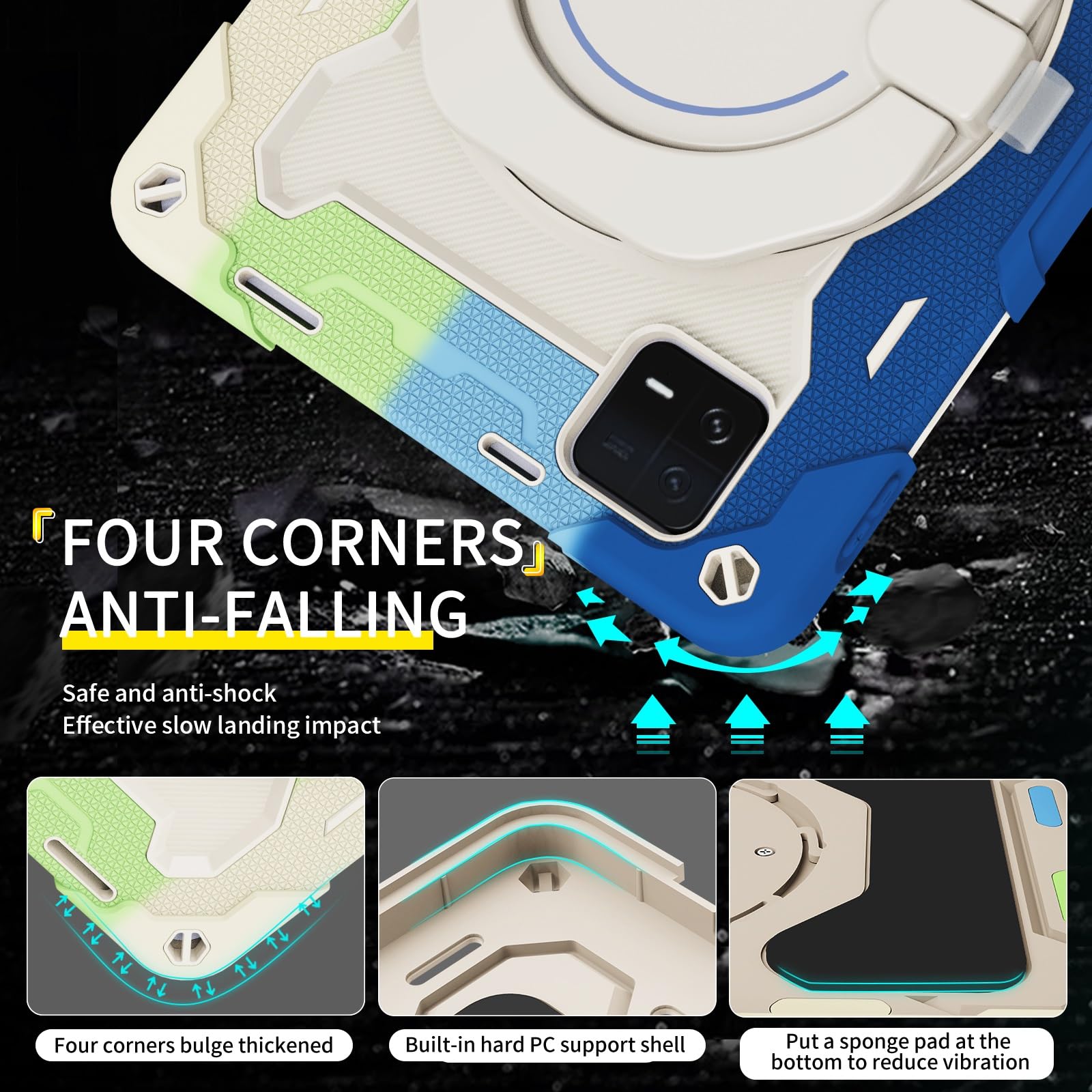 Etui dla dzieci do xiaomi mi pad 6/6 pro 2023 11,2 cala, obracany o 360 ° uchwyt etui z podstawką trzy w jednym odporna na wstrząsy obudowa, odporny upadki, pasek ramię(RAINBOW BLUE)