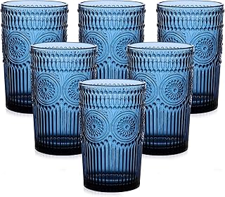 Vintage Glassware Drinking Glasses Set of 6,13 oz Blue Textured Flower D...