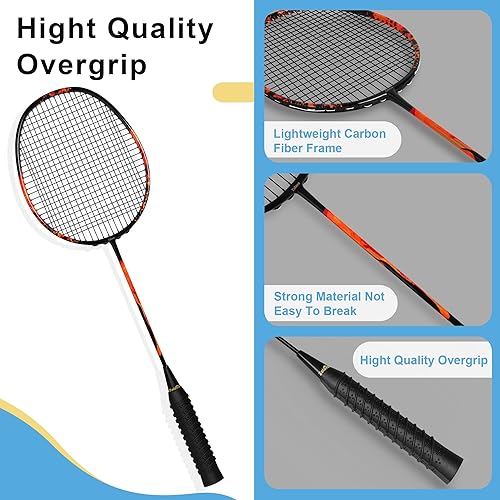 Miniatura 3 de Juego de raquetas de bádminton profesionales, ligeras, 4 unidades de fibra de carbono, 3 volantes de plumas, 2 fundas protectoras, 4 sobreagarres,