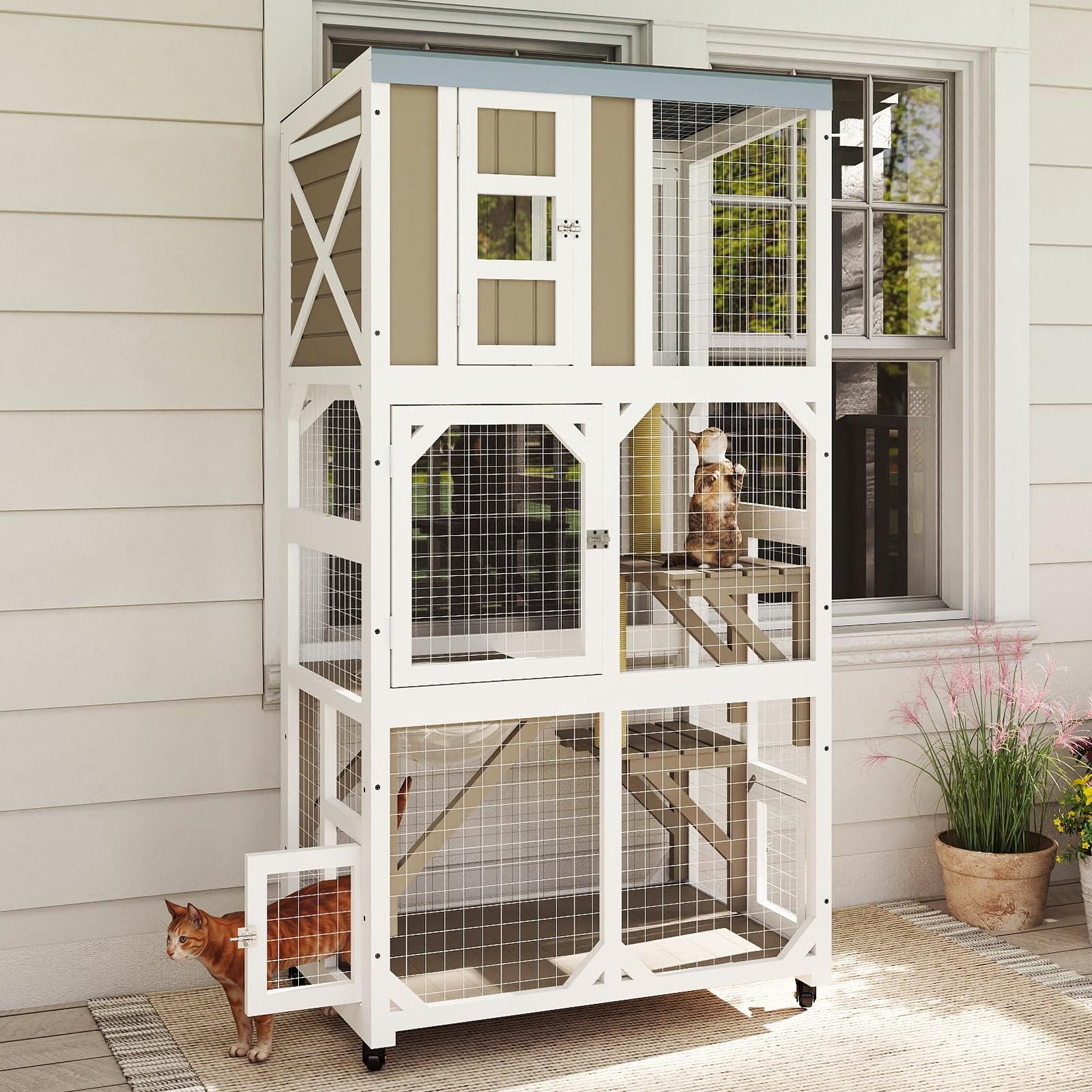 Ketive 64" H Large Wooden Catio Outdoor Cat Enclosure with Wheels
