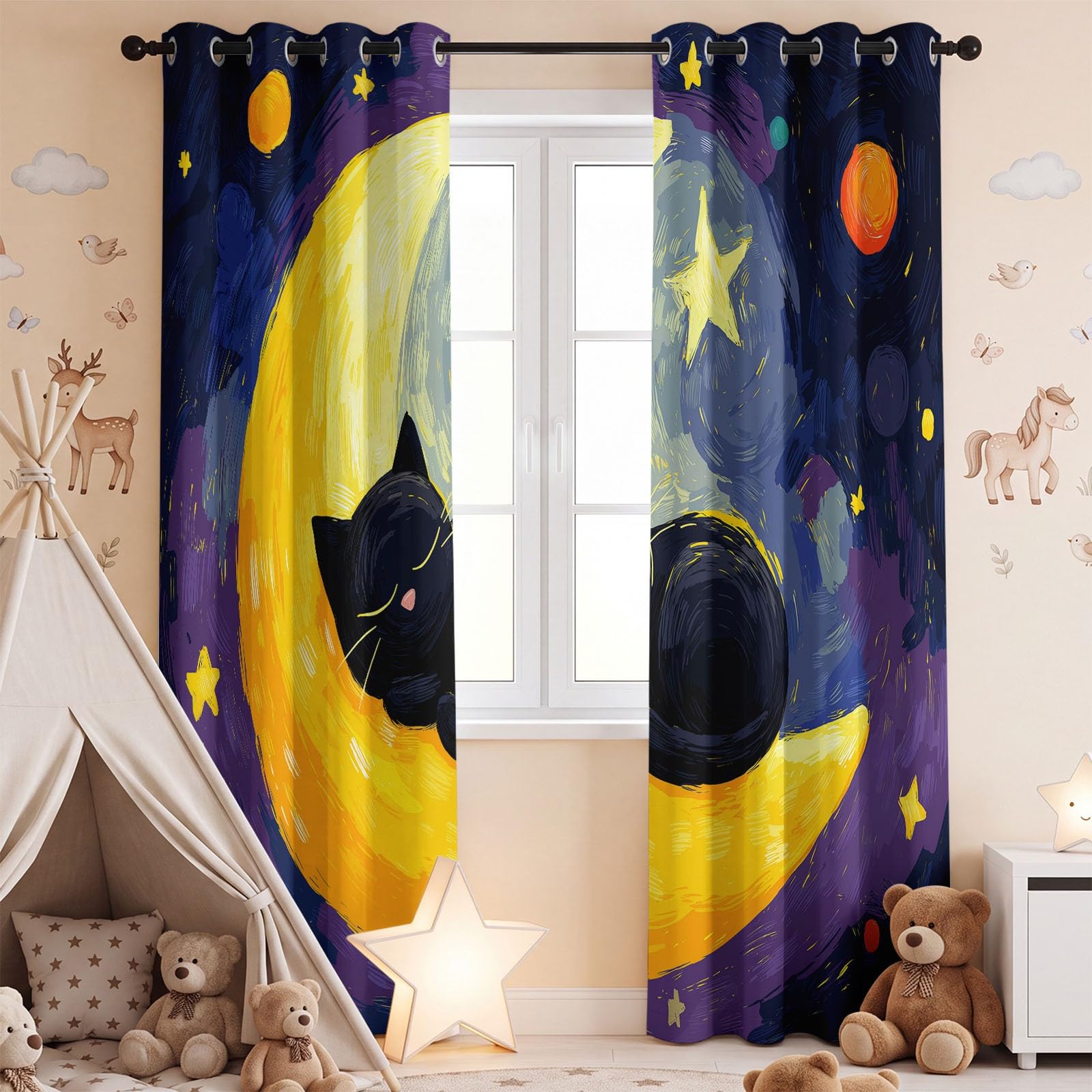 Rideau Occultant Peinture à l'huile Fantaisie Animal L 110 x H 215 cm, Lune Chat Rideaux et Draperies pour Enfants Filles Chambre Salon Rideaux de Fenêtre Thermiques Isolants