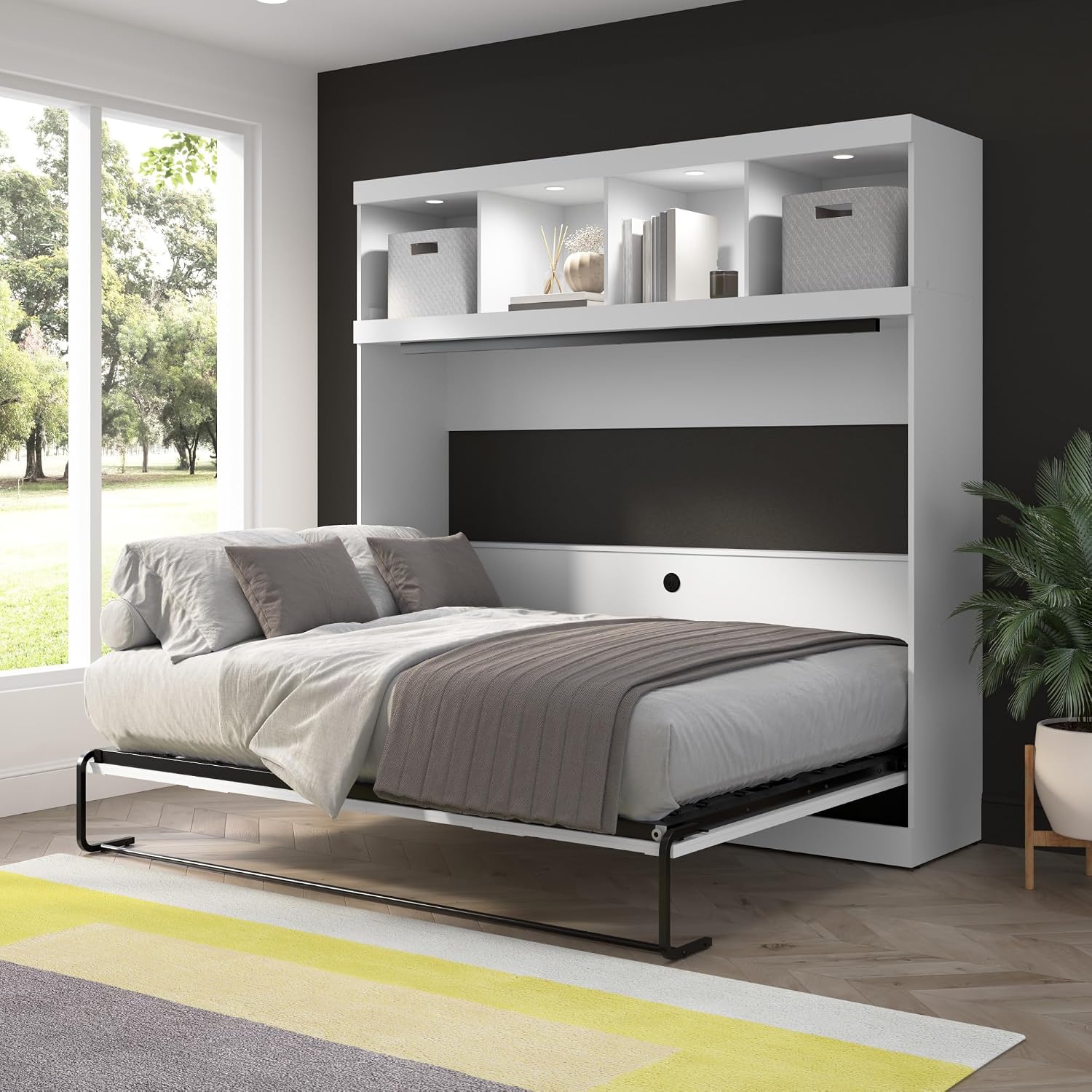 Bestar Queen Size Horizontal Murphy Bed with Storage and Charging Station, 80-inch, for Bedroom or Guestroom, Pur Collection, Modern, White