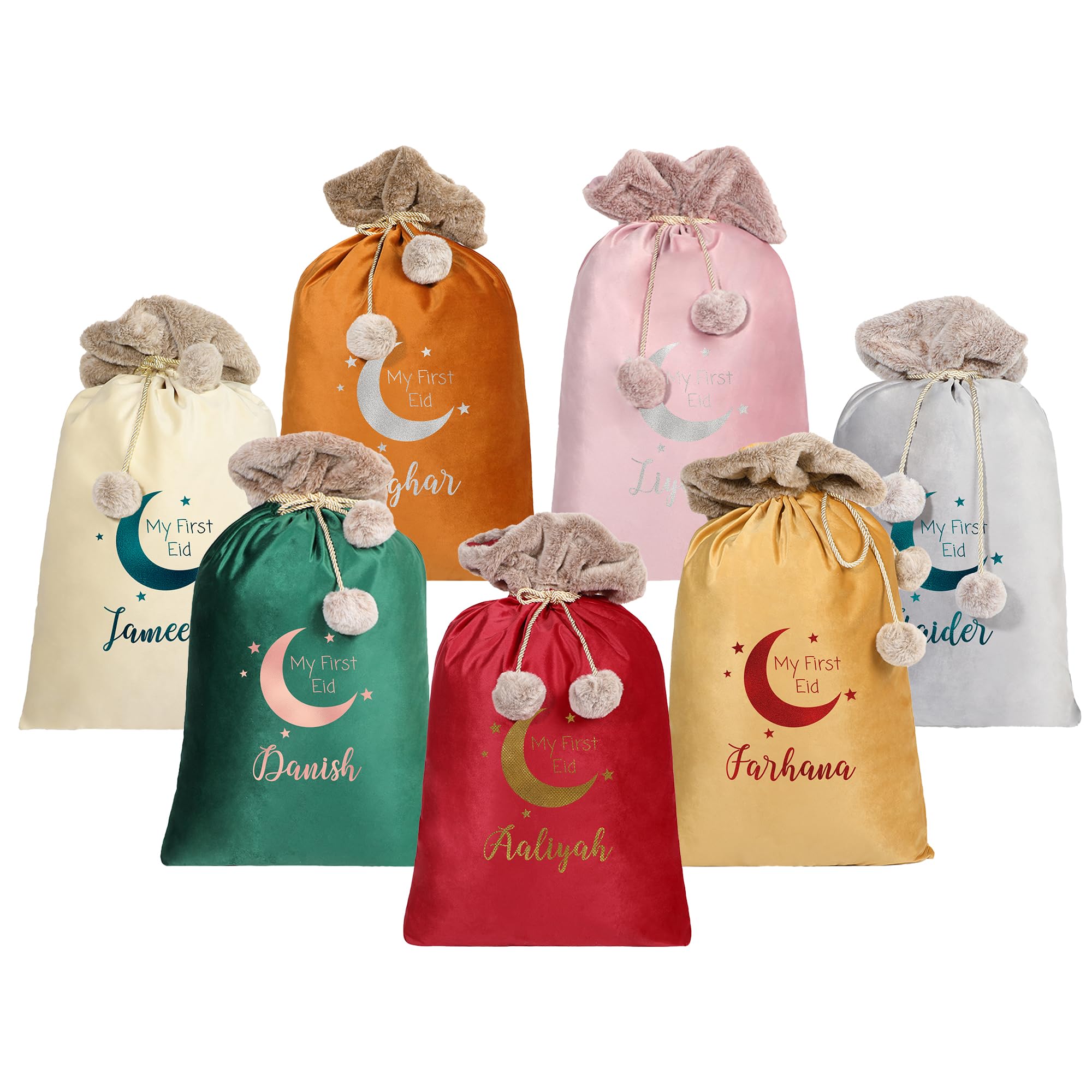 Personalised Velvet Sack with Luxury Fur Trim, Custom Bag, Eid Gift Sack for Presents, Eid Mubarak, Gift Bag