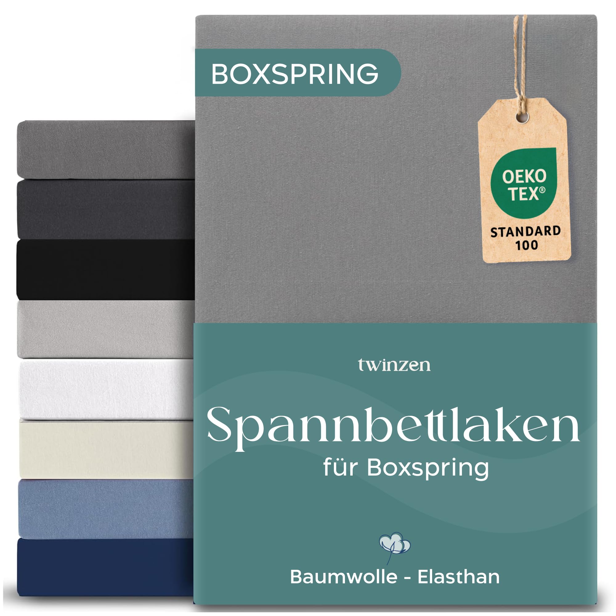 Twinzen Boxspring Spannbettlaken Premium, Baumwolle mit 5% Elastan, 250gsm - Oeko-Tex